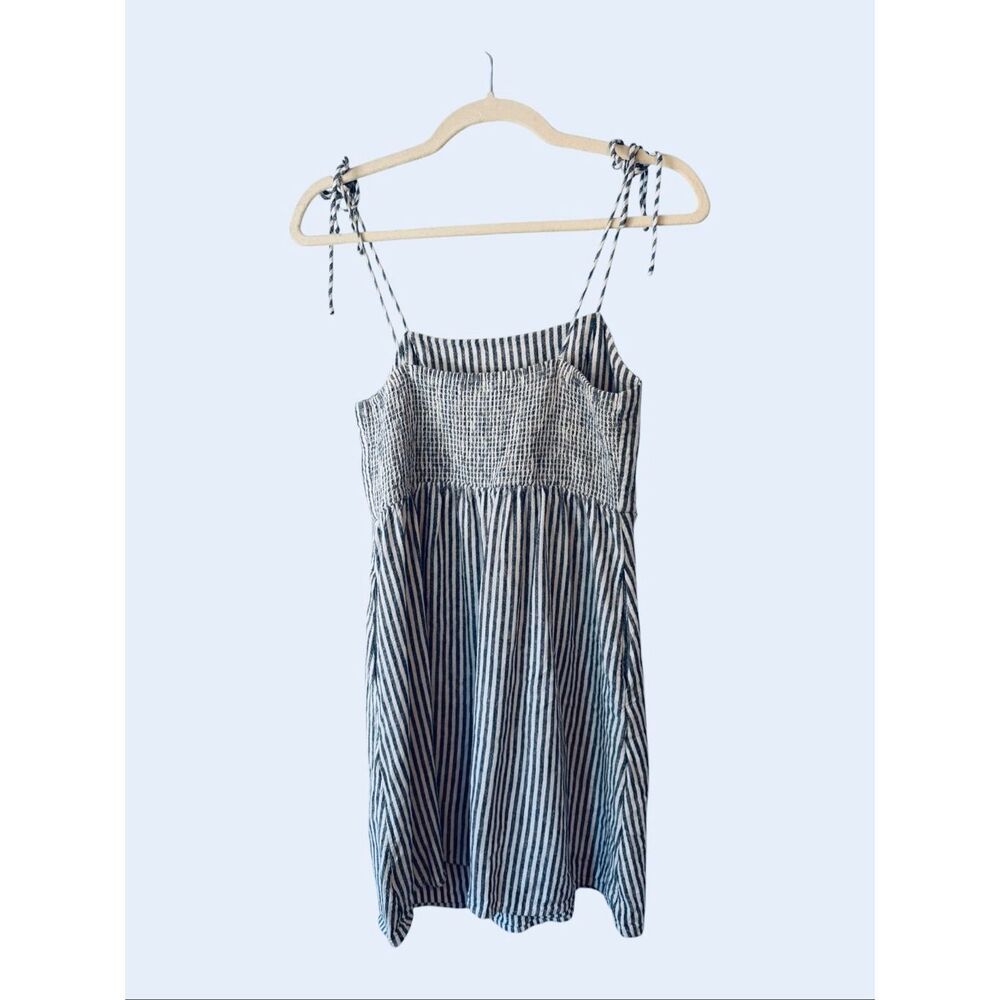 Old Navy Striped Linen Blend Tie Strap Mini Dress Smocked Blue White Small S - Picture 3 of 5